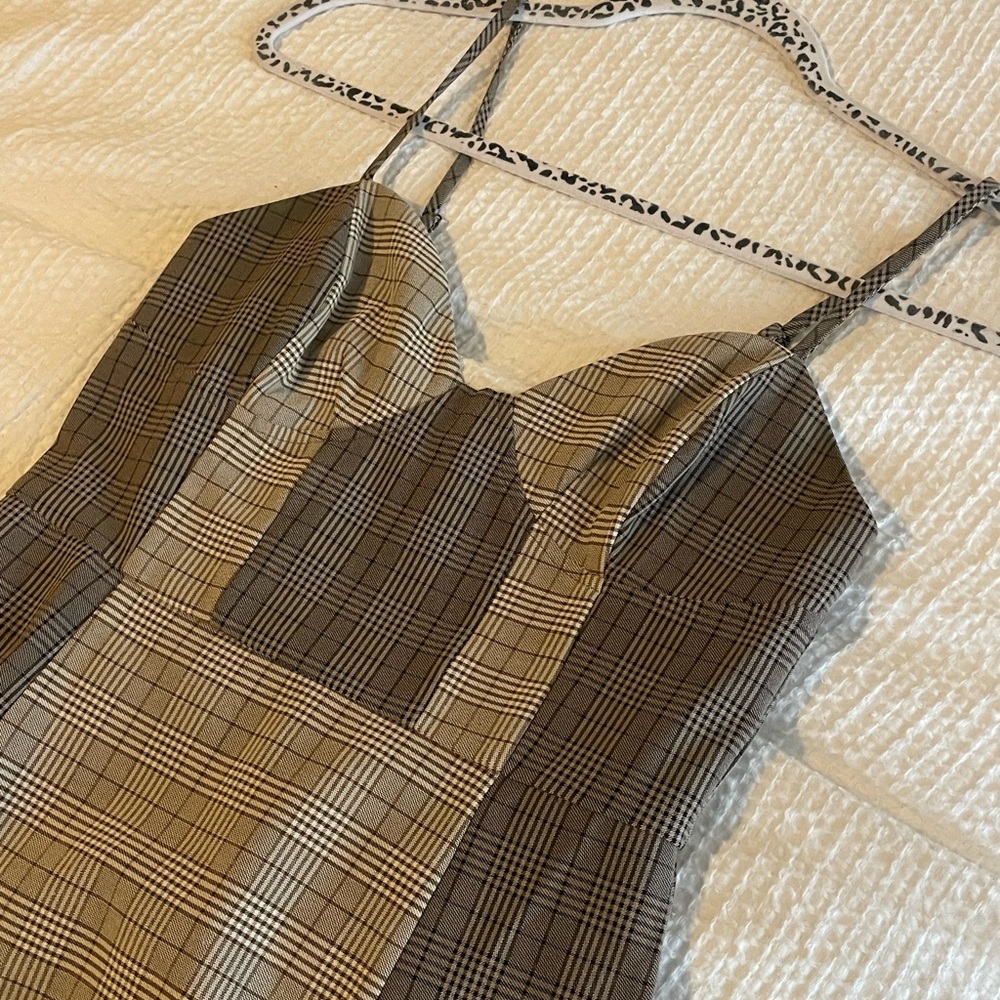 Preppy Plaid Brown Women's Dress with Balconette Neckline